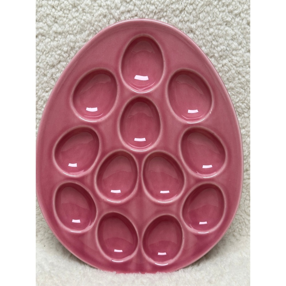 Portugal Deviled Egg Platter Pink Ceramic Egg Shape 12 Slot Serving Tray